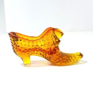 Fenton Glass Cat Head Hobnail Slipper Shoe Vintage Art Glass 6" Amberina